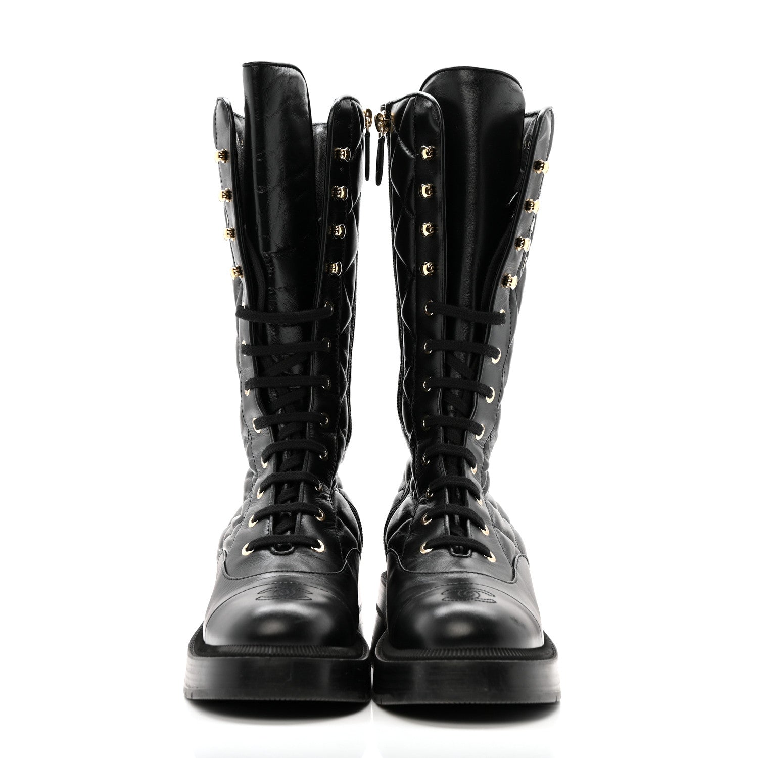 Chanel Calfskin Quilted Logo Lace Up Tall Combat Boots 37.5 Black 3 of 14