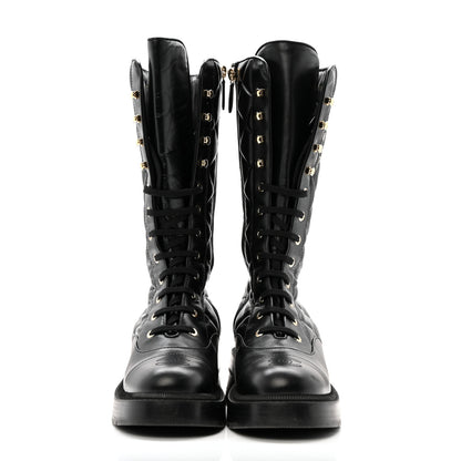 Chanel Calfskin Quilted Logo Lace Up Tall Combat Boots 37.5 Black 3 of 14