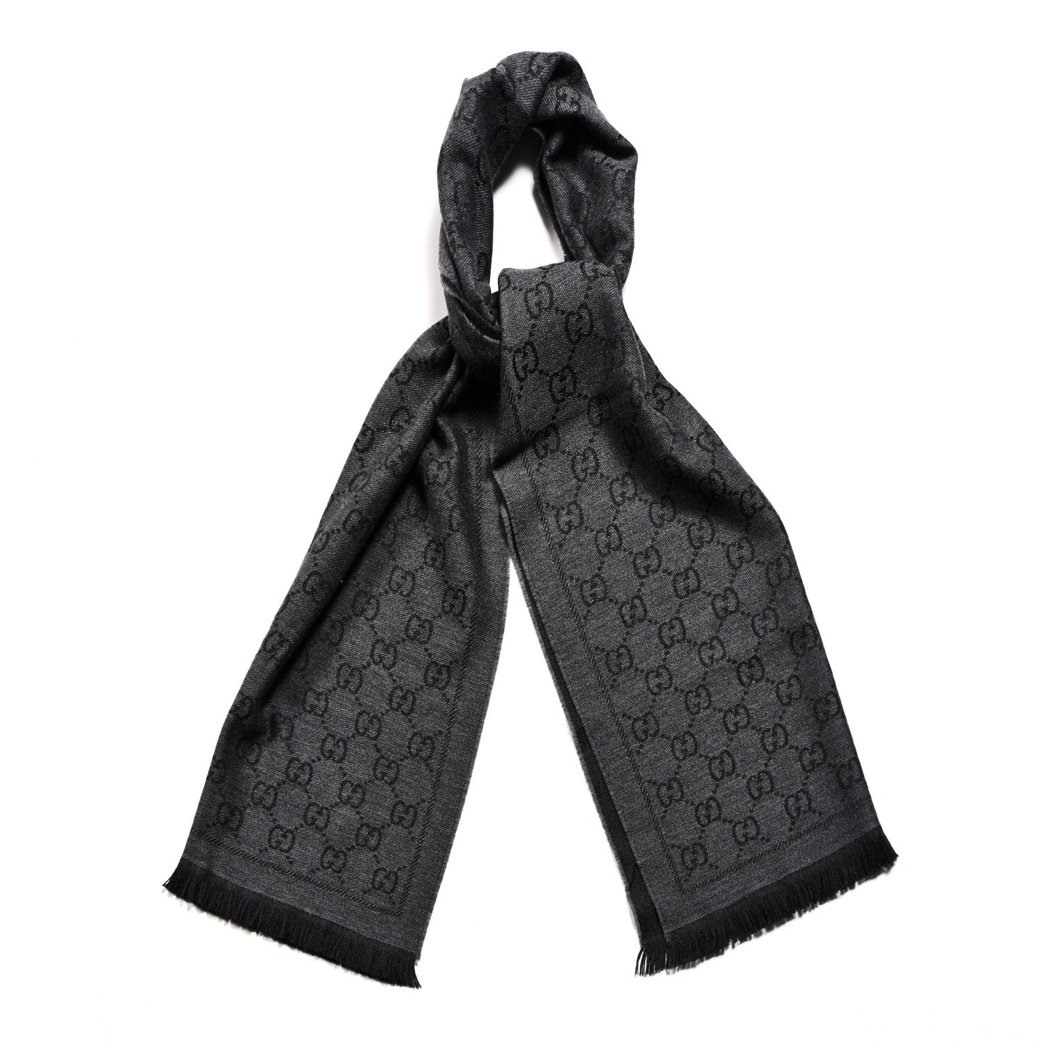 Gucci Wool Silk GG Monogram GGWeblong Fringe Scarf Shawl Pearl Medium Grey 1 of 3