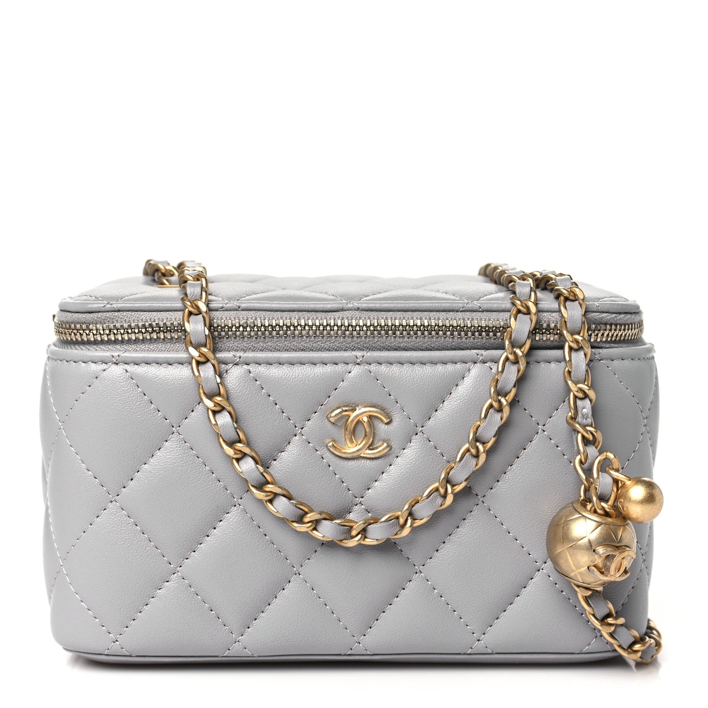 Lambskin Quilted Small Pearl Crush Vanity Case With Chain Grey