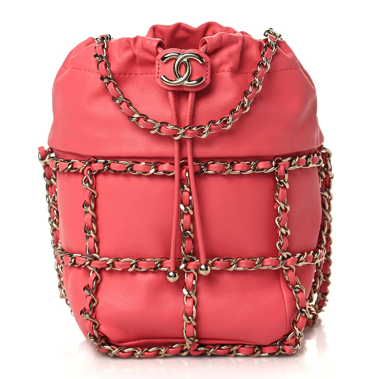 Lambskin Bucket Chain Drawstring Bag Pink