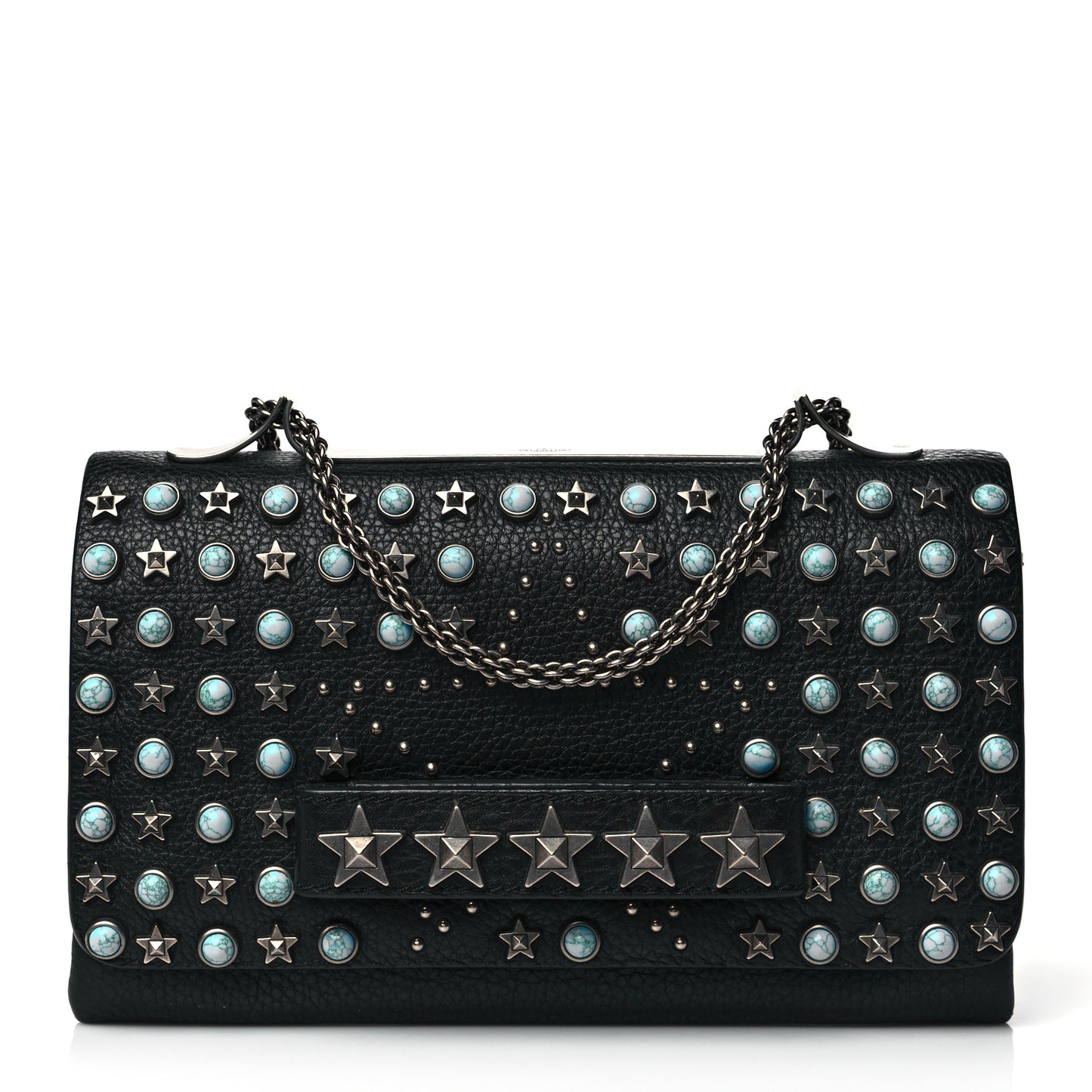 Grained Calfskin Rockstud Rolling Studs Va Va Voom Clutch on Chain Black