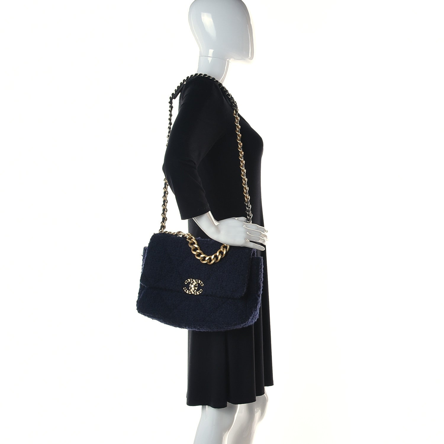 Chanel Tweed Quilted Large Chanel 19 Flap Navy Blue 2 of 9