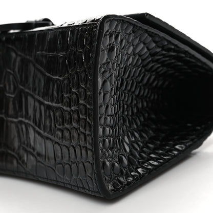Balenciaga Shiny Calfskin Monochrome Crocodile Embossed Small Hourglass Top Handle Bag Black 9 of 10