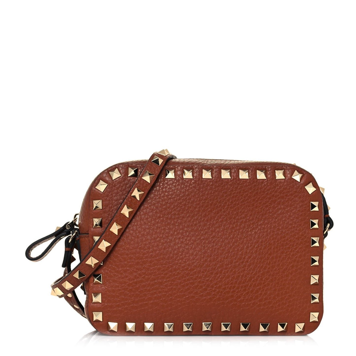 Pebbled Calfskin Rockstud Camera Crossbody Bag Tan