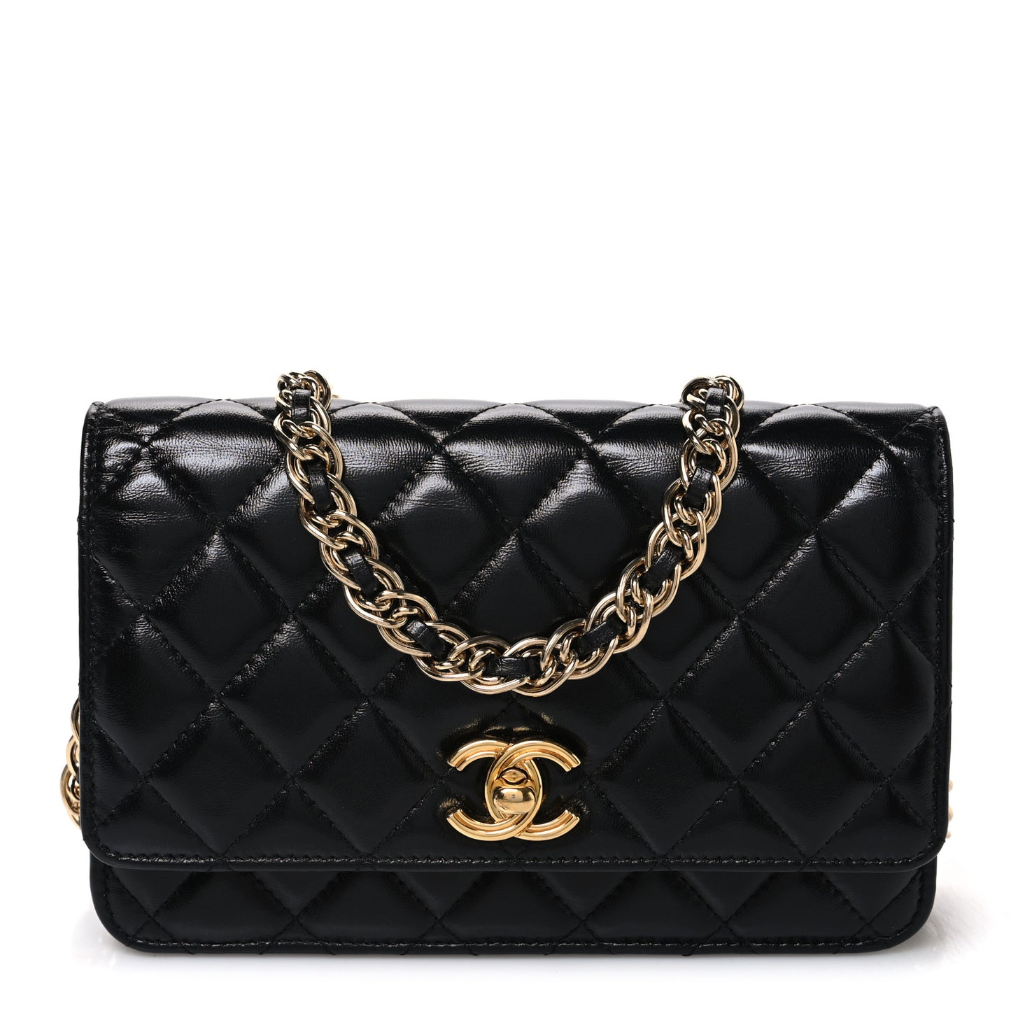 Shiny Lambskin Quilted Golden Links Wallet On Chain WOC Black