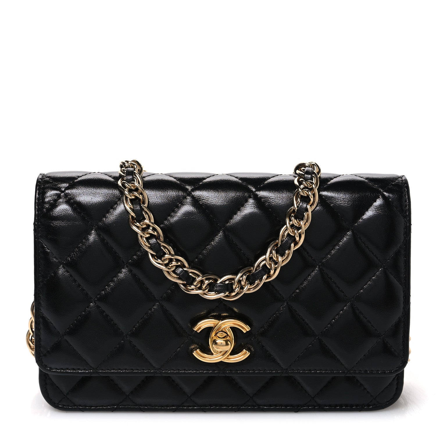 Chanel Shiny Lambskin Quilted Golden Links Wallet On Chain WOC Black 1 of 11