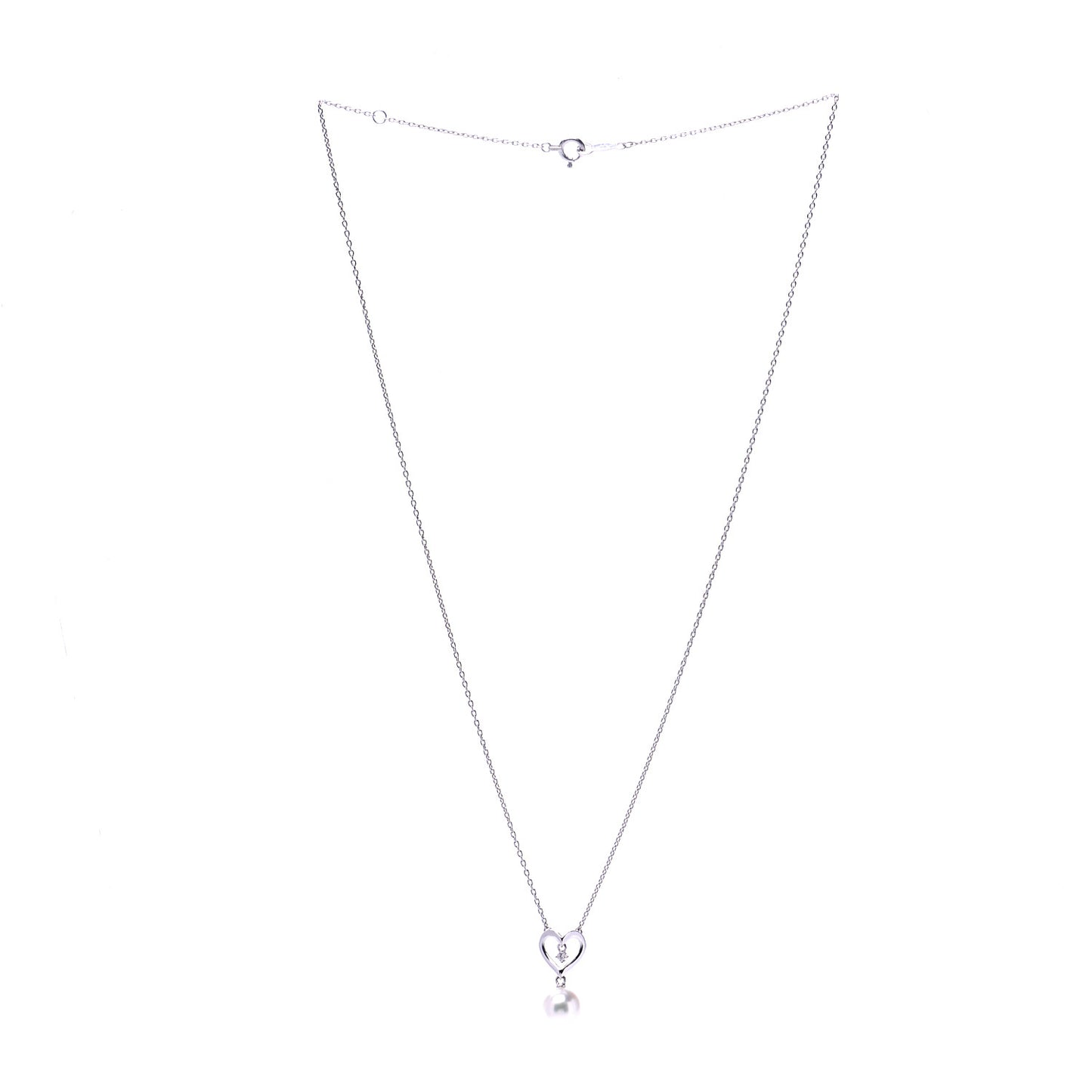 18K White Gold Diamond Akoya Pearl 7mm Heart Drop Pendant Necklace