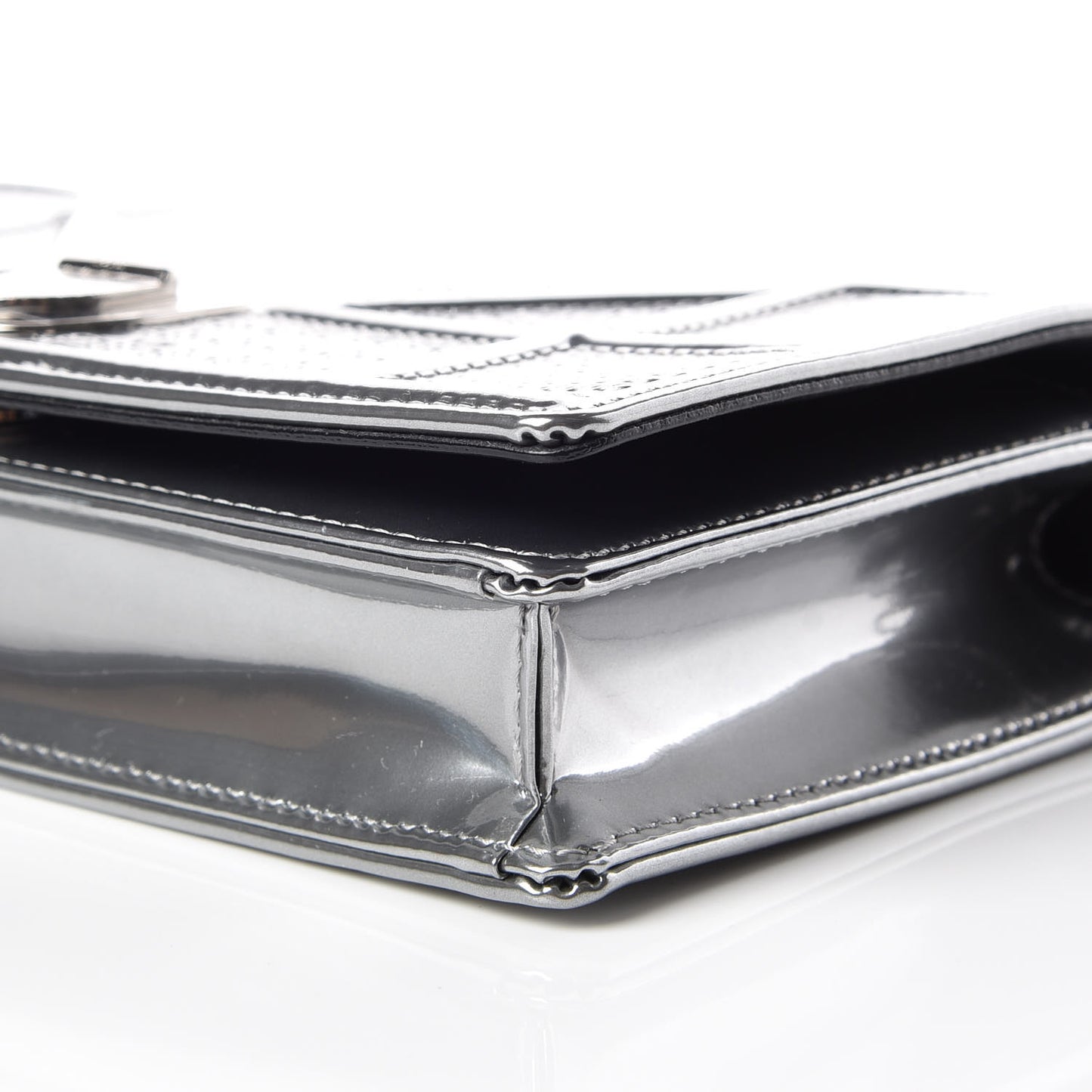 Metallic Patent Micro-Cannage Diorama Wallet on Chain Pouch Silver