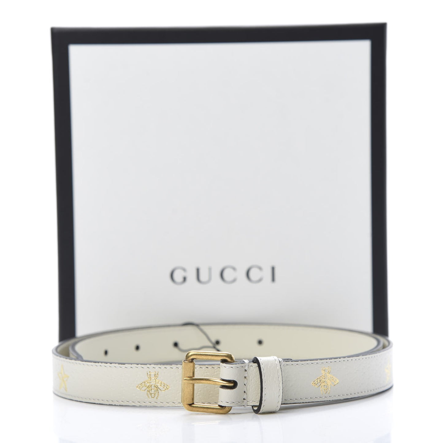 Textured Dollar Calfskin Bees And Stars Print Womens 20mm Belt 85 34 Mystic White Gold