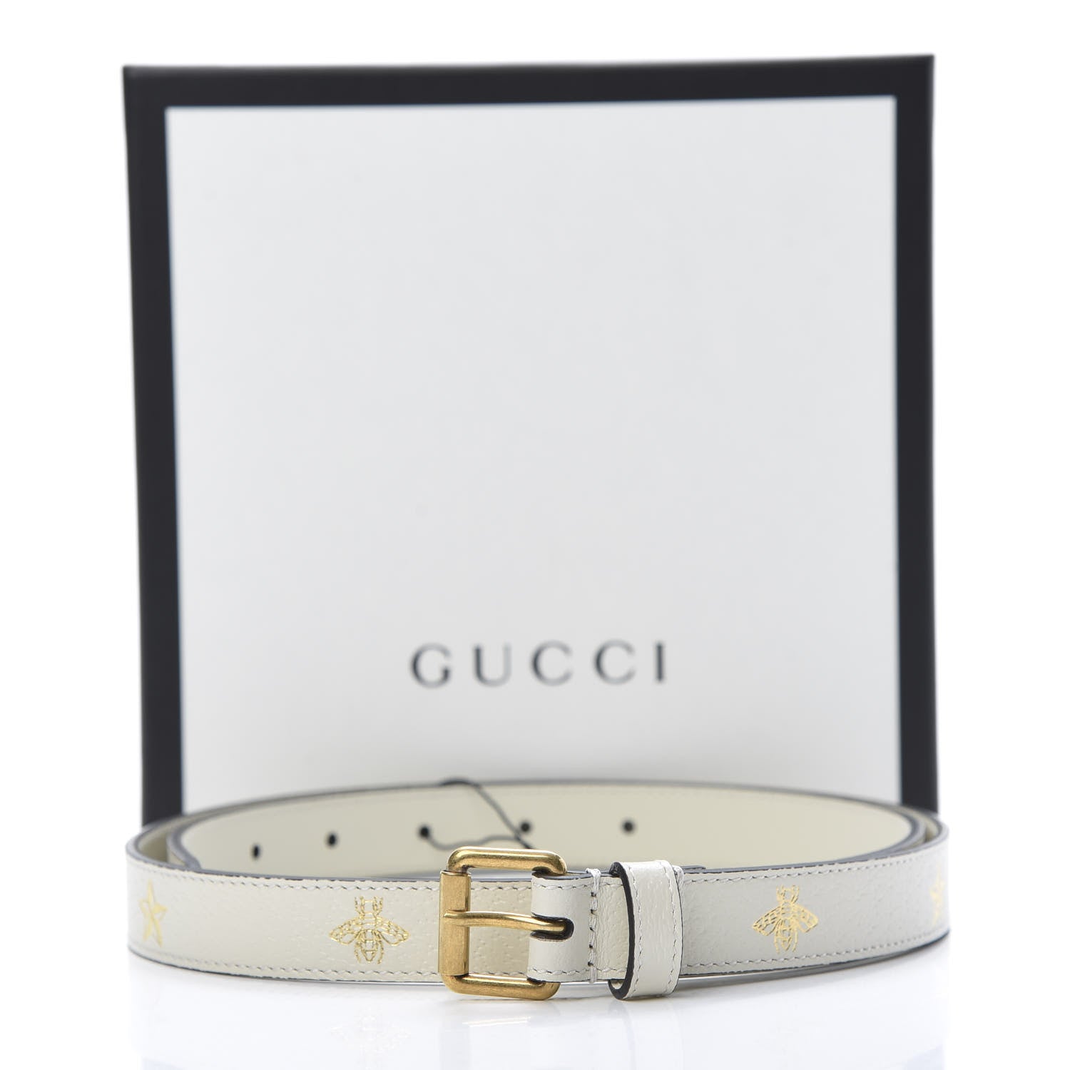Gucci Textured Dollar Calfskin Bees And Stars Print Womens 20mm Belt 85 34 Mystic White Gold 6 of 6