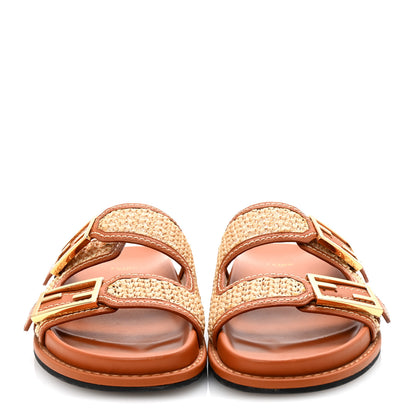 Fendi Raffia Vitello Womens Fendi Feel Buckled Slide Sandals 39 Paglia Brandy 3 of 9