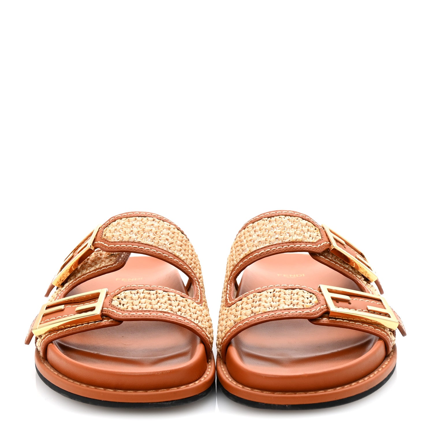 Fendi Raffia Vitello Womens Fendi Feel Buckled Slide Sandals 39 Paglia Brandy 3 of 9