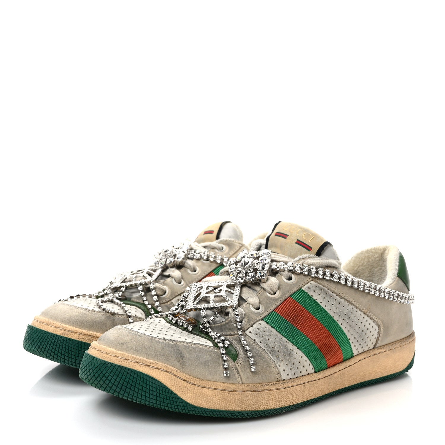 Gucci Nubuck Calfskin Web Removable Crystals Womens Screener Sneakers 40 Dusty Milk New Mystic White 3 of 9