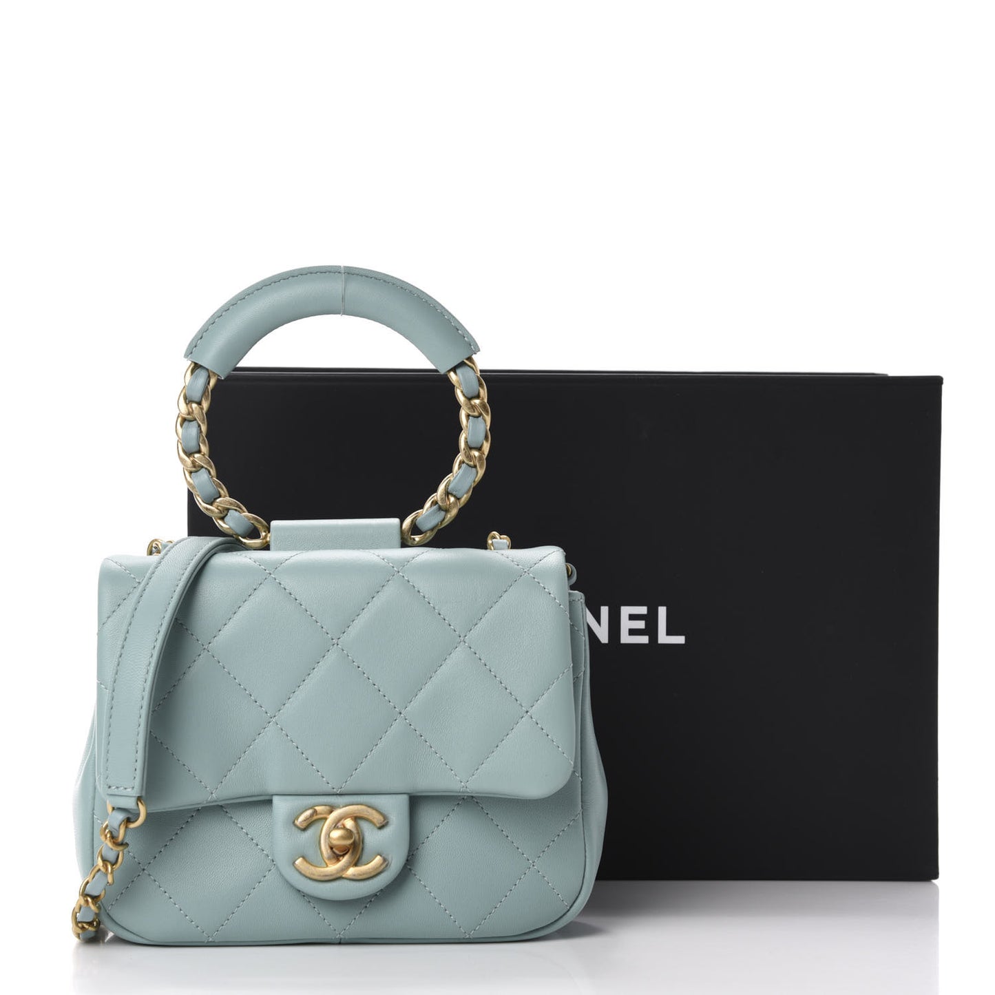 Lambskin Quilted Small Circular Handle Bag Blue