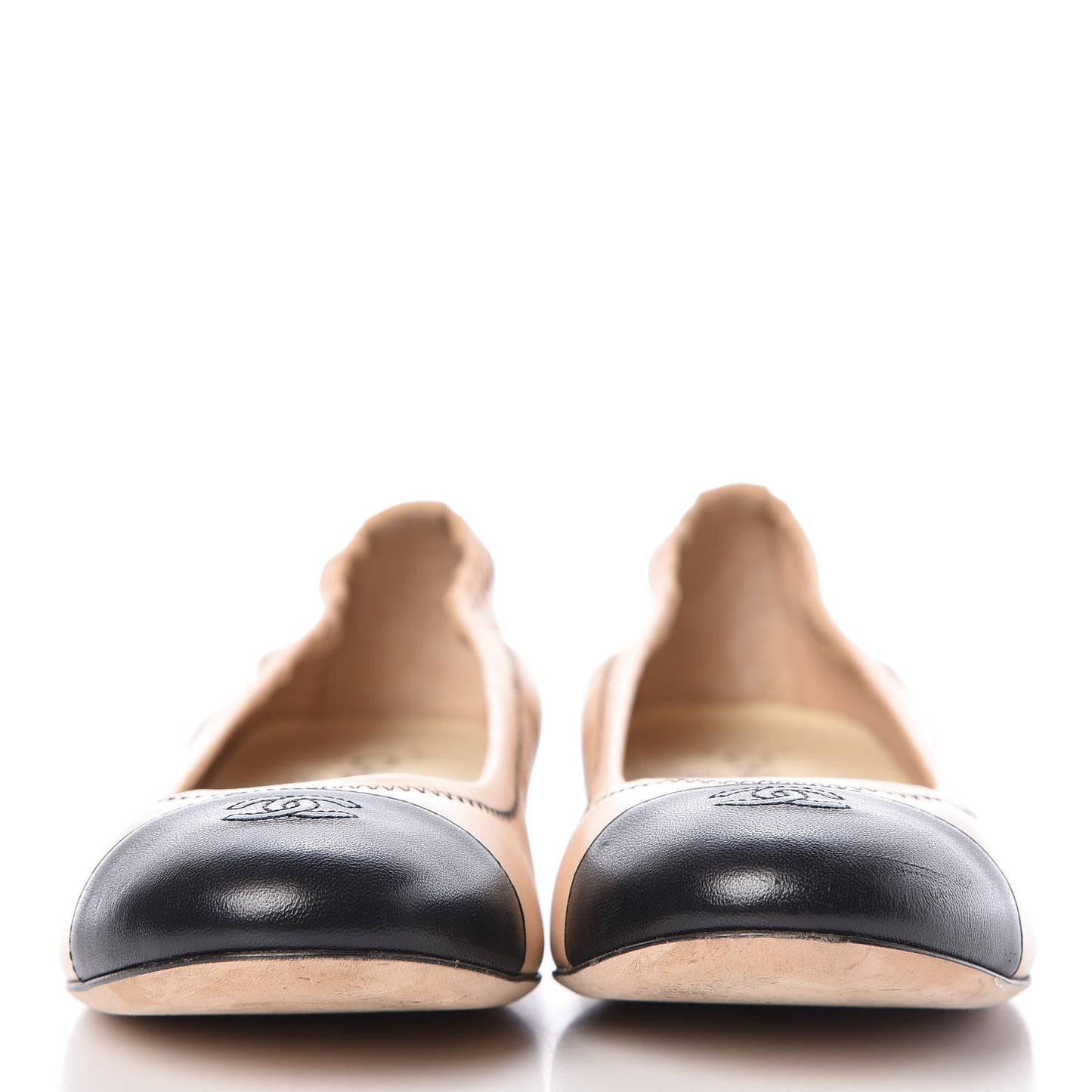 Lambskin CC Elastic Cap Toe Ballerina Flats 39 Beige Black