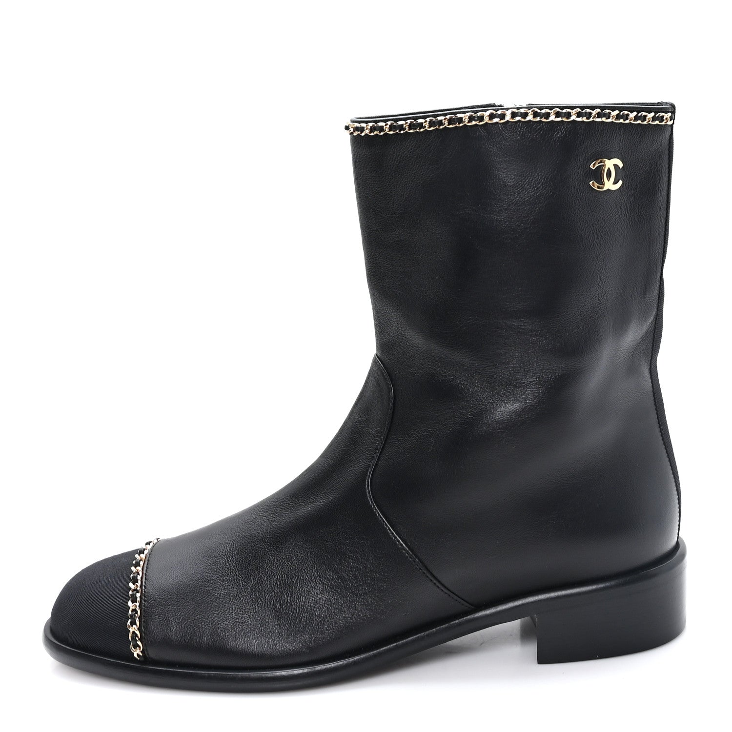 Chanel Lambskin Grosgrain Cap Toe Chain Short Boots 38 Black 1 of 9