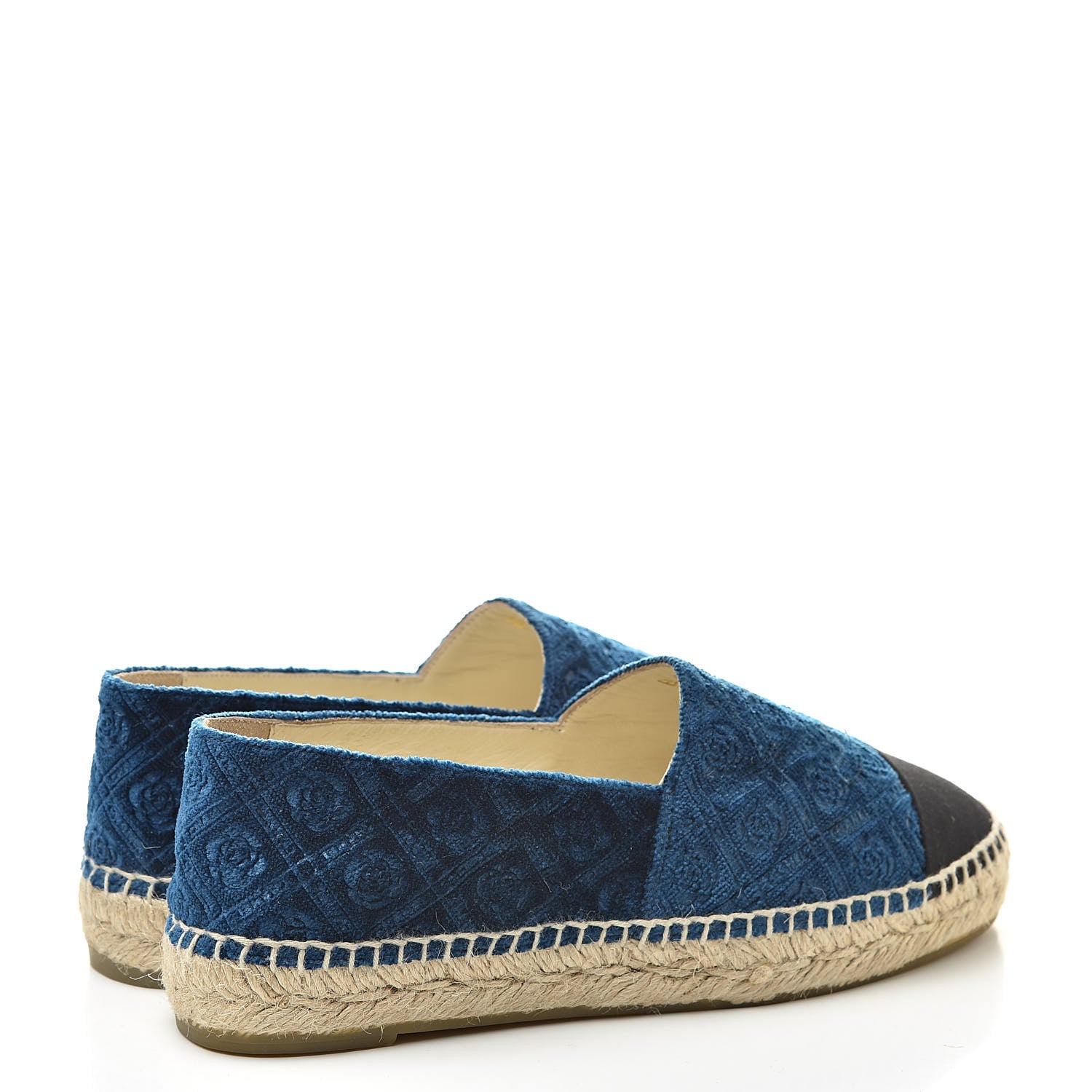 Chanel Velvet Grosgrain Quilted Camellia CC Espadrilles 37 Navy Black 4 of 10