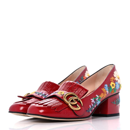 Gucci Skipper Calfskin Floral Embroidered GG Marmont Fringe 50mm Loafer Pumps 35.5 Hibiscus Red 3 of 10