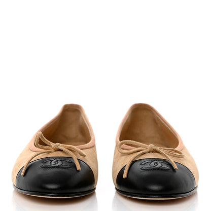 Chanel Suede Cap Toe CC Ballerina Flats 38.5 Beige Black 2 of 12