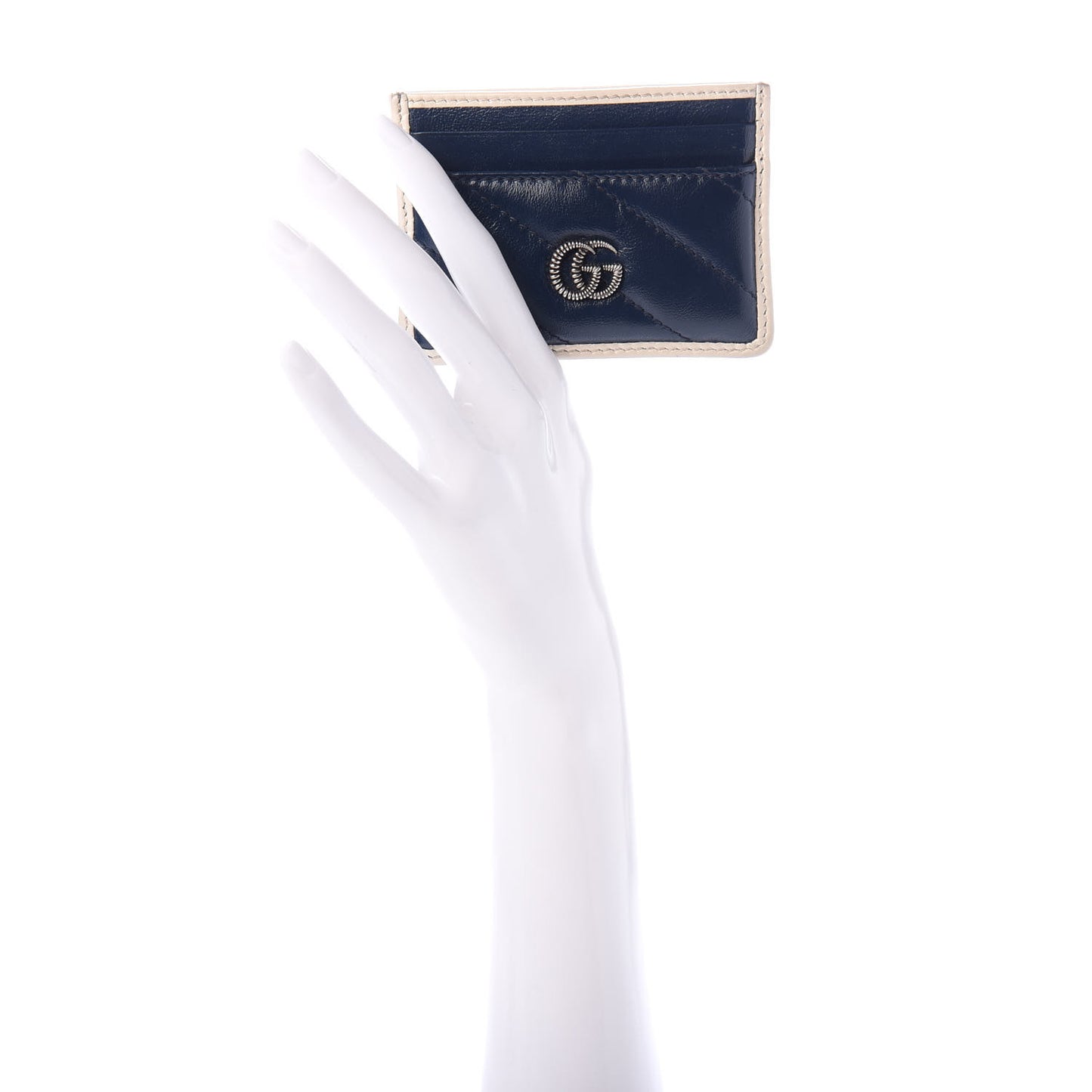 Vintage Effect Calfskin Matelasse Diagonal Torchon GG Marmont Card Holder Blue Agata Mystic White
