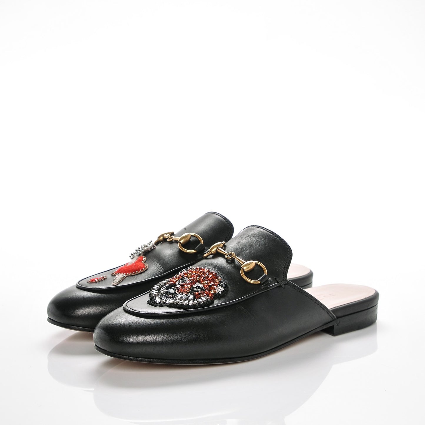 Calfskin Crystal Tiger Embroidered Womens Princetown Slippers 36 Black