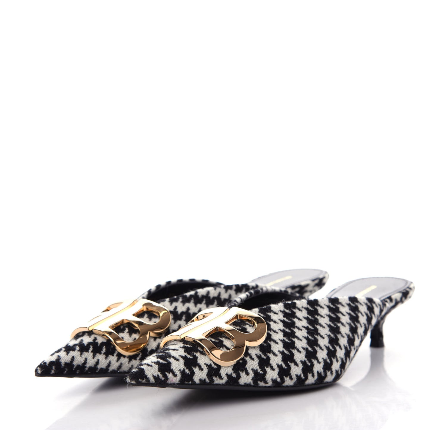 Stretch Tweed BB Houndstooth Pointed Toe Knife 40mm Mules 38 Black Ivory