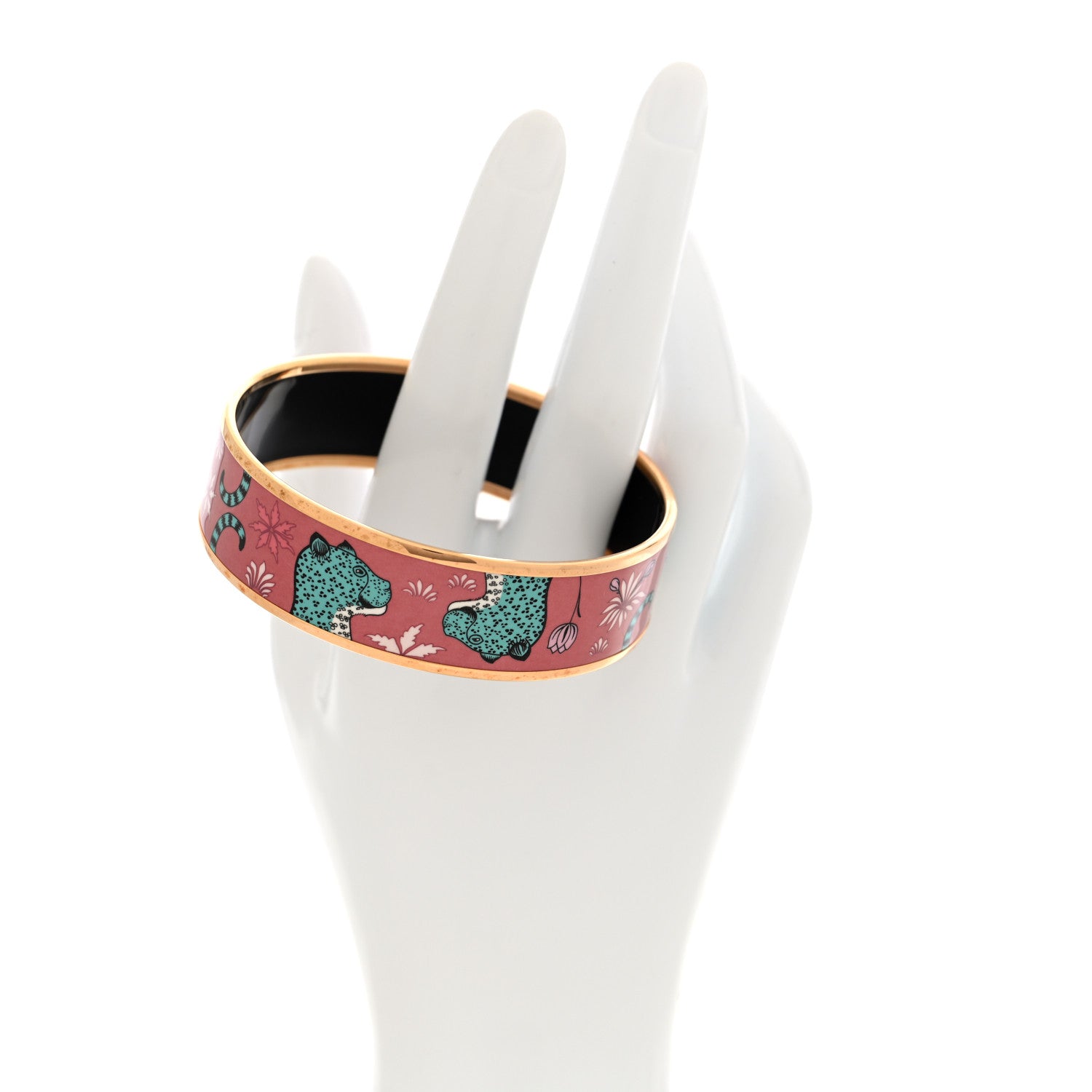 Hermes Enamel Printed Wide Les Leopards Bracelet 65 Rose Couture 2 of 6