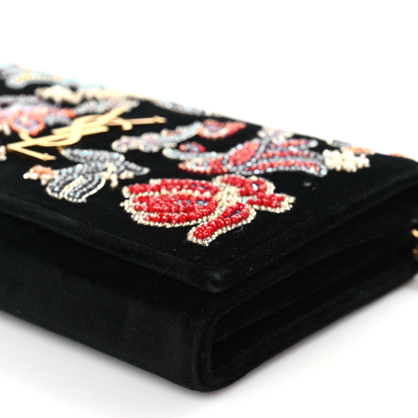 Suede Embroidered Birds Monogram Chain Wallet Black