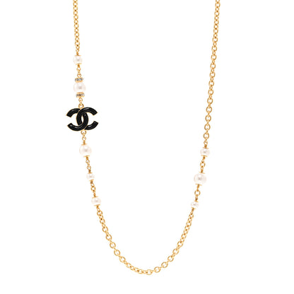 Chanel Pearl Bead Enamel CC Short Necklace Gold Black 1 of 6