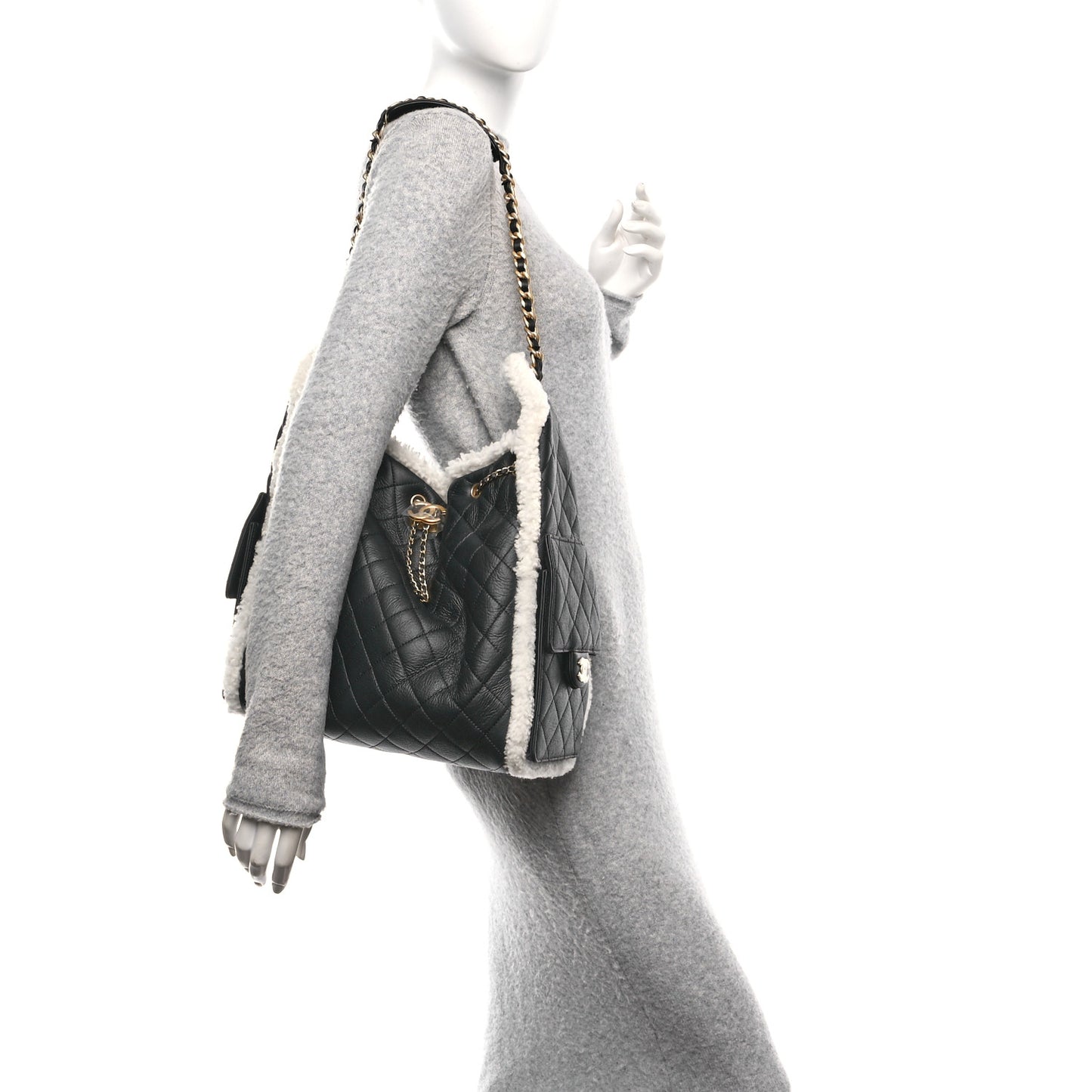 Crumpled Sheepskin Shearling Quilted Medium Chanel 25 Handbag Black White