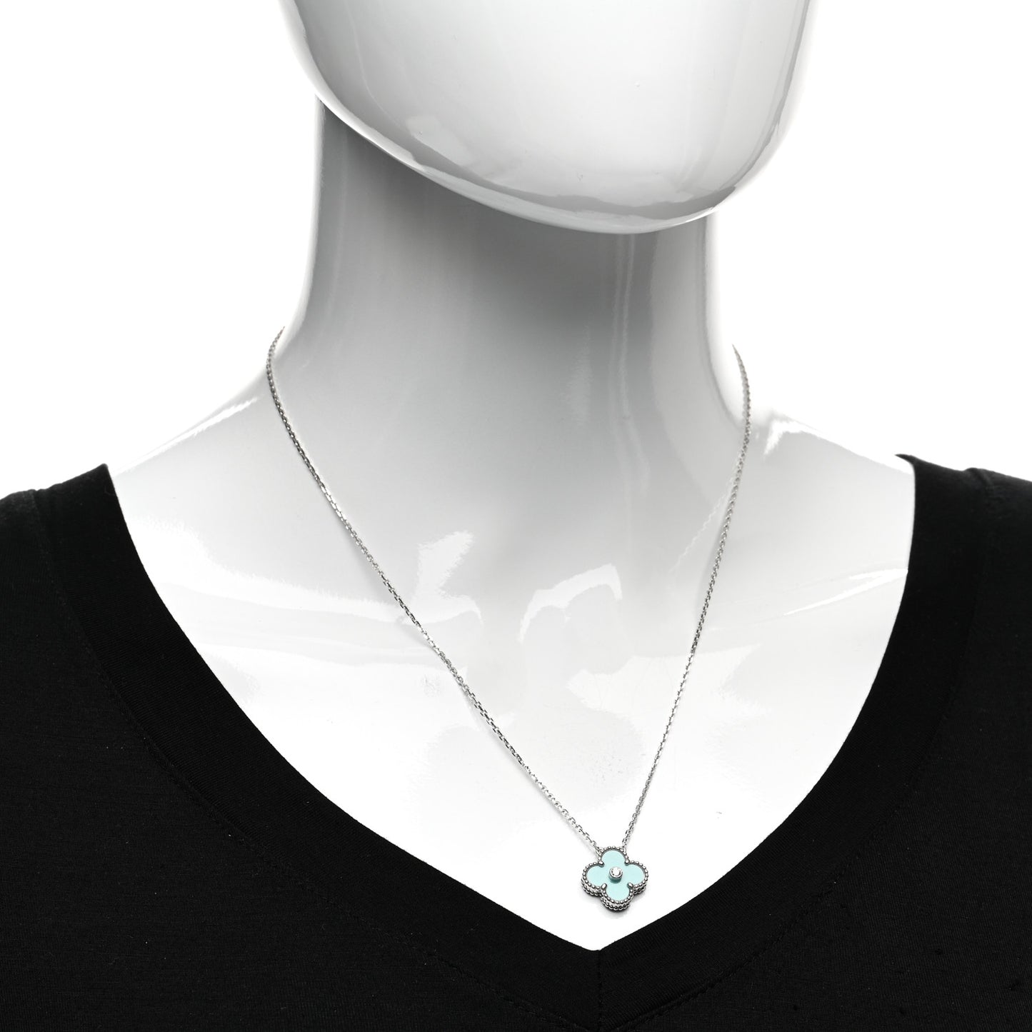 18K White Gold Diamond Celadon Green Sevres Porcelain Vintage Alhambra Pendant Necklace