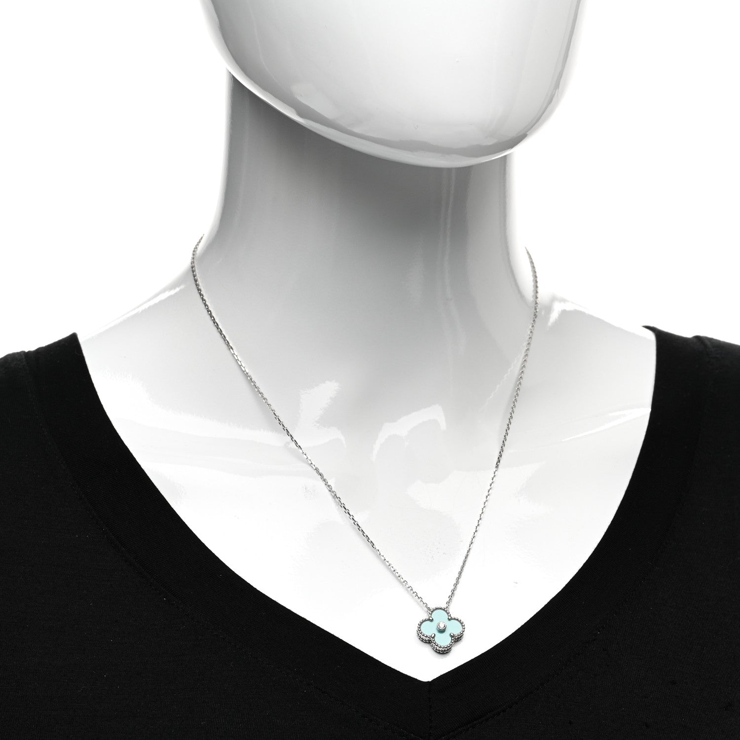 Van Cleef & Arpels 18K White Gold Diamond Celadon Green Sevres Porcelain Vintage Alhambra Pendant Necklace 2 of 6