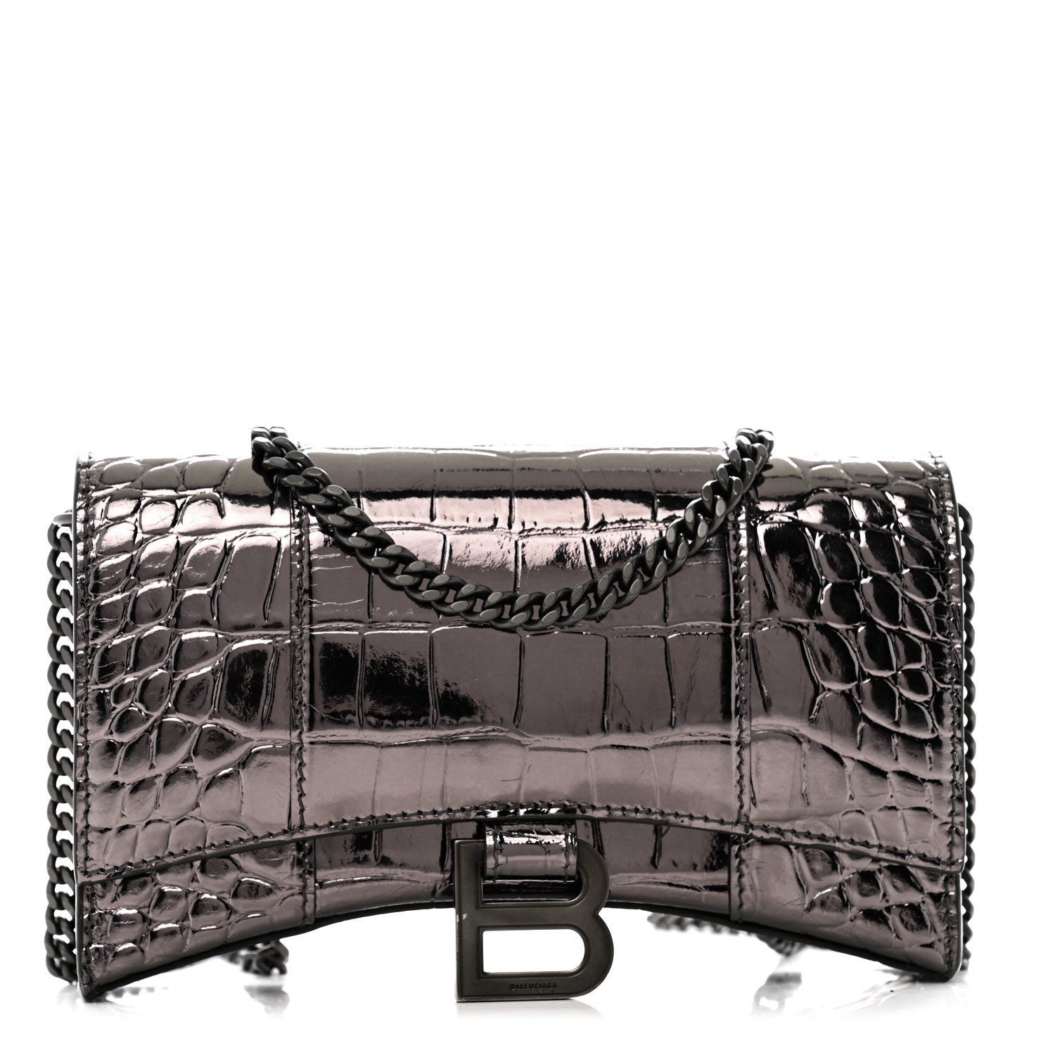 Balenciaga Shiny Metallic Calfskin Crocodile Embossed Hourglass Chain Bag Gunmetal 1 of 12