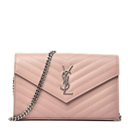 Saint Laurent Grain De Poudre Matelasse Chevron Monogram Chain Wallet Washed Light Pink 1 of 9