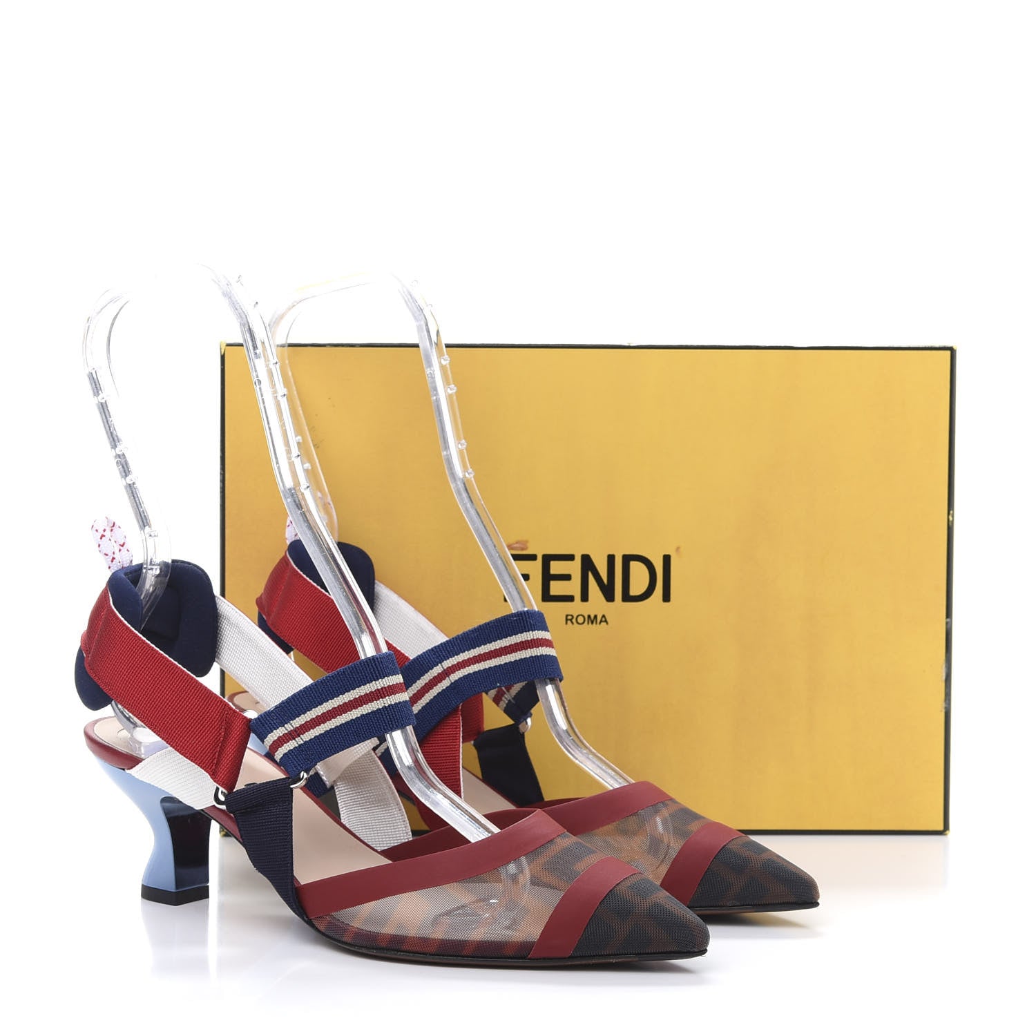 Fendi Technical Mesh FF Colibri 55mm Slingback Pumps 38 Tobacco Moro Zaffiro Ciliegia Rosso 10 of 10