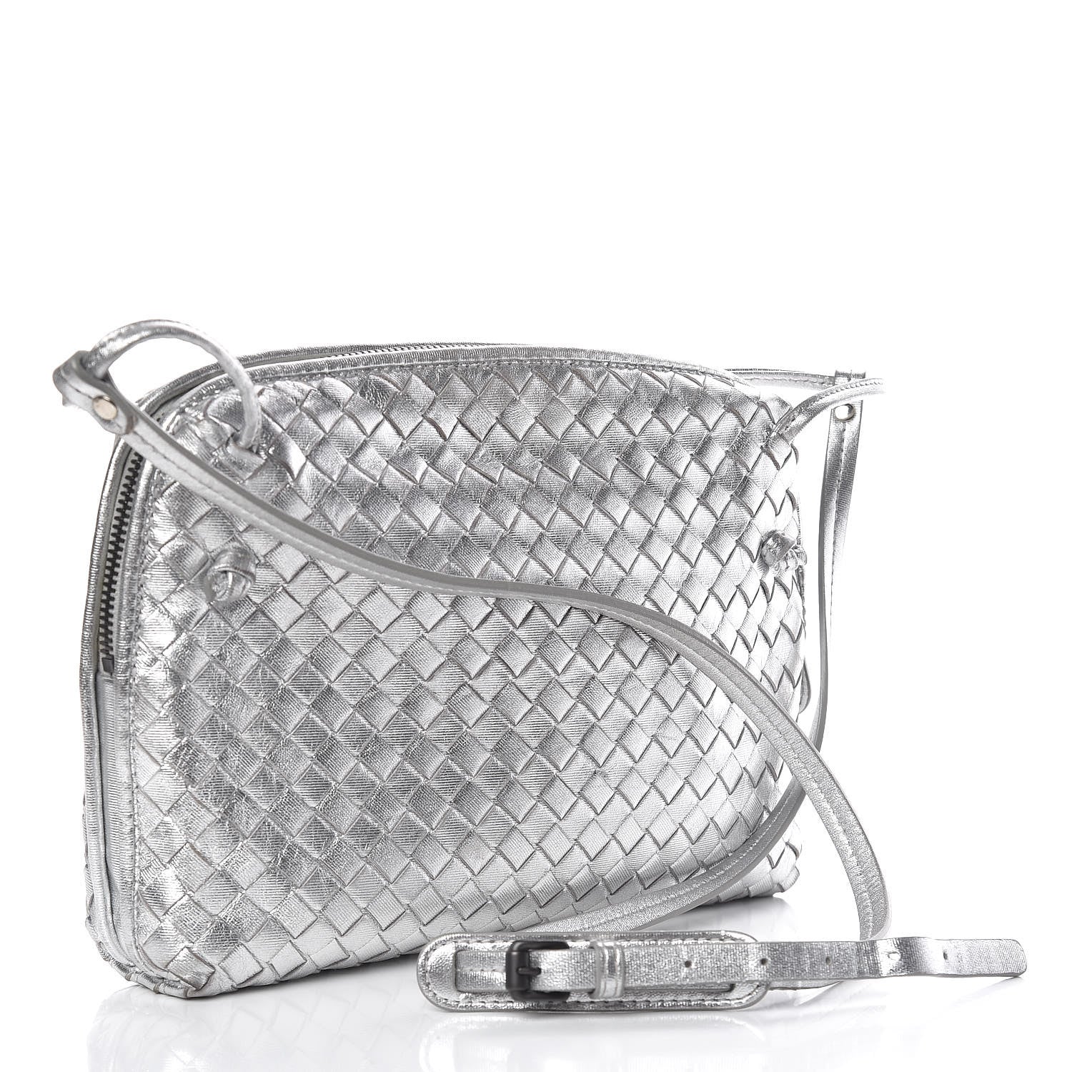 Bottega Veneta Metallic Grosgrain Intrecciato Nodini Crossbody Messenger Silver 3 of 15