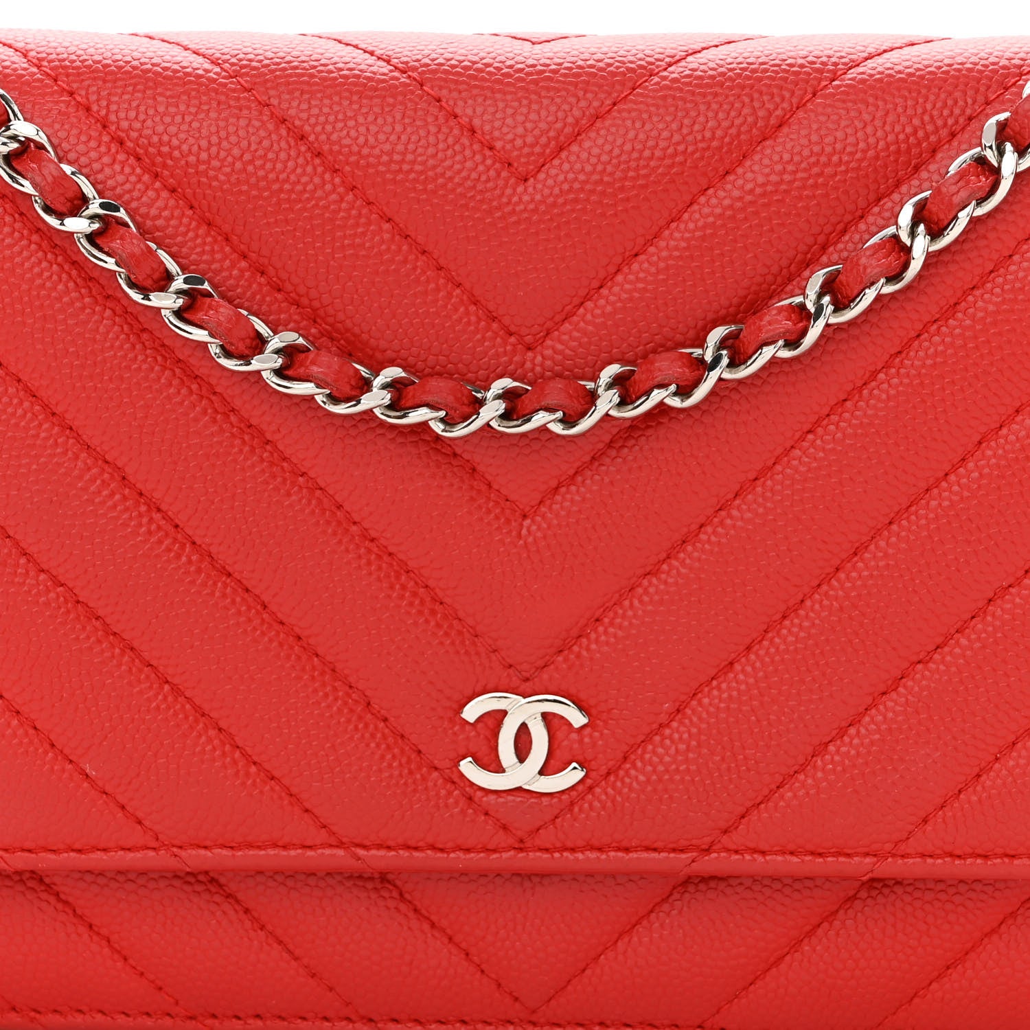 Chanel Caviar Flat Chevron Quilted Wallet On Chain WOC Red 10 of 14