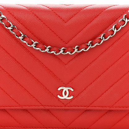 Chanel Caviar Flat Chevron Quilted Wallet On Chain WOC Red 10 of 14