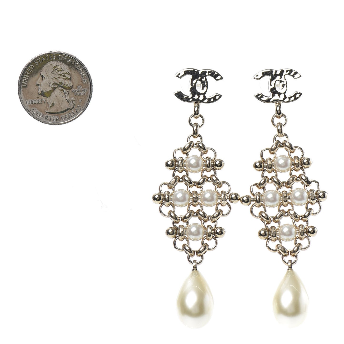 Pearl Crystal CC Charms Dangle Earrings Light Gold