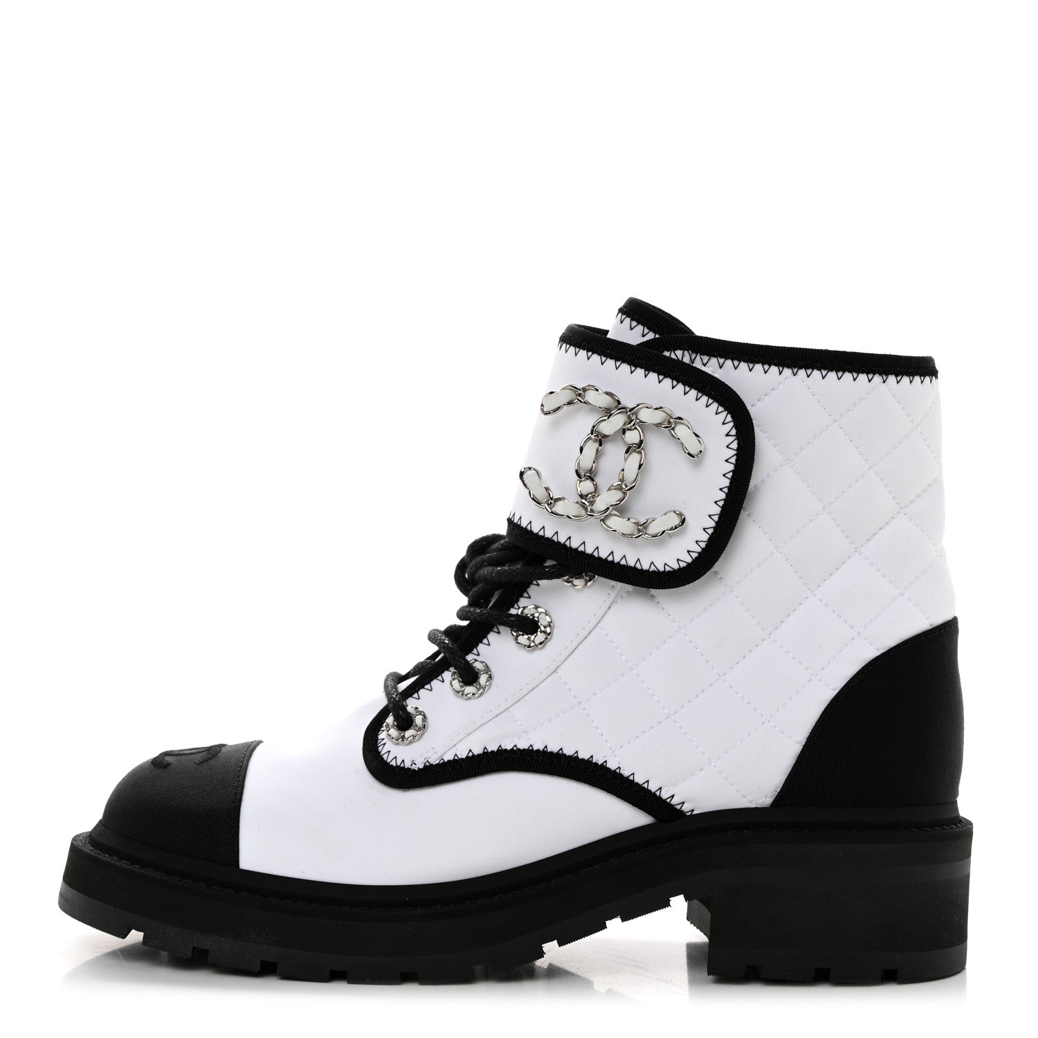 Chanel Fabric Grosgrain Quilted Cap Toe Lace Up Combat Boots 38.5 White Black 1 of 8