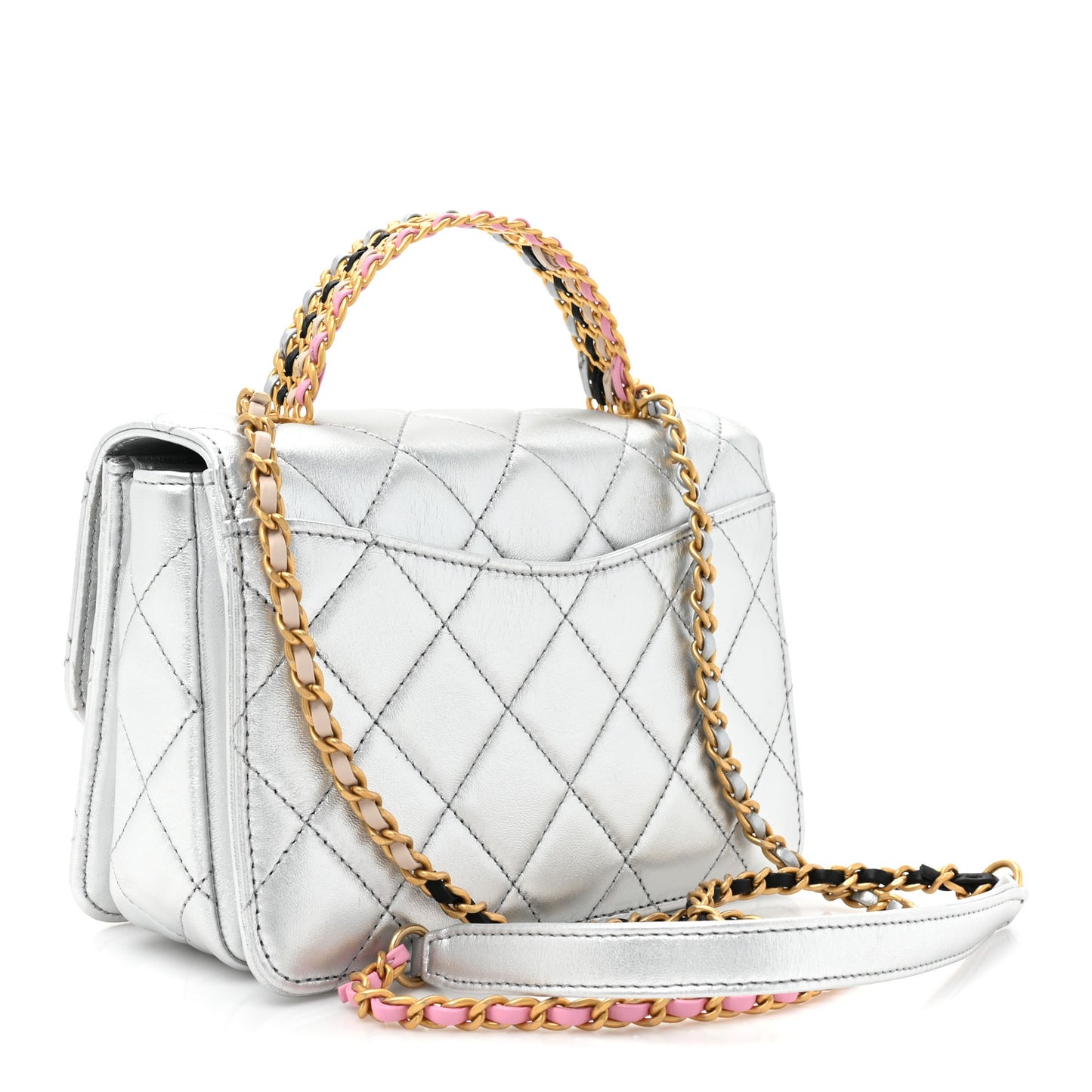 Metallic Calfskin Quilted Mini Metal Top Handle Flap Silver