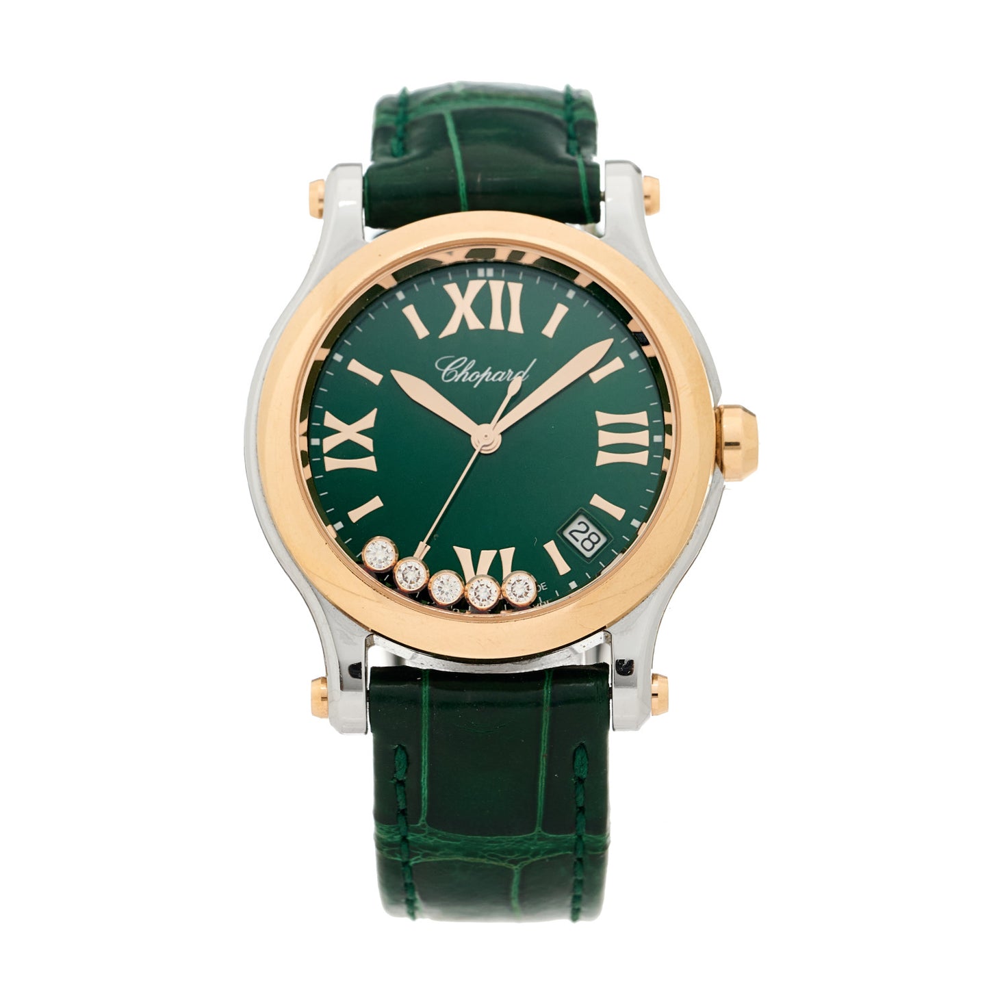 Stainless Steel 18K Rose Gold Alligator 5 Diamond 36mm Happy Sport Quartz Watch Green
