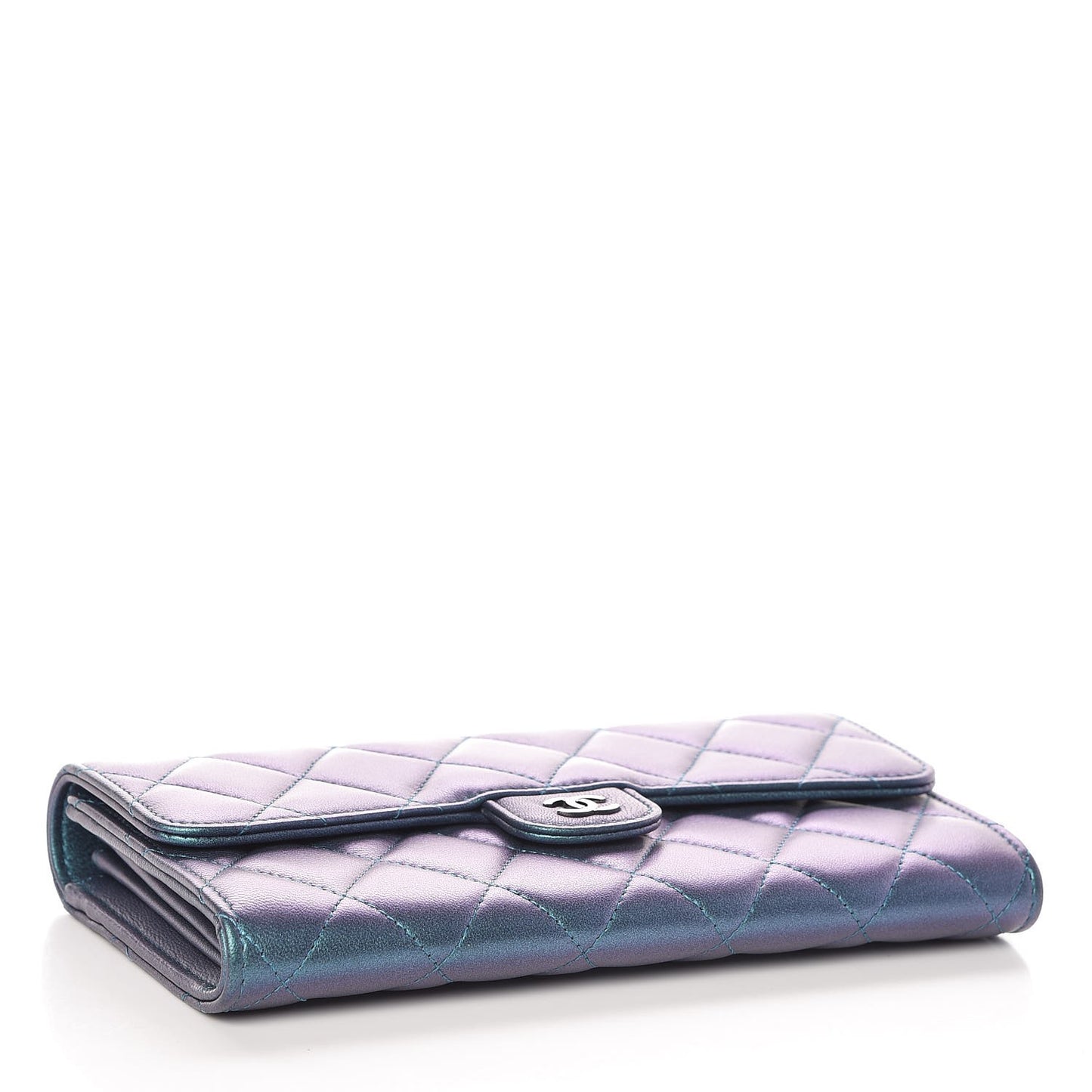 Metallic Lambskin Quilted Large Gusset Flap Wallet Turquoise