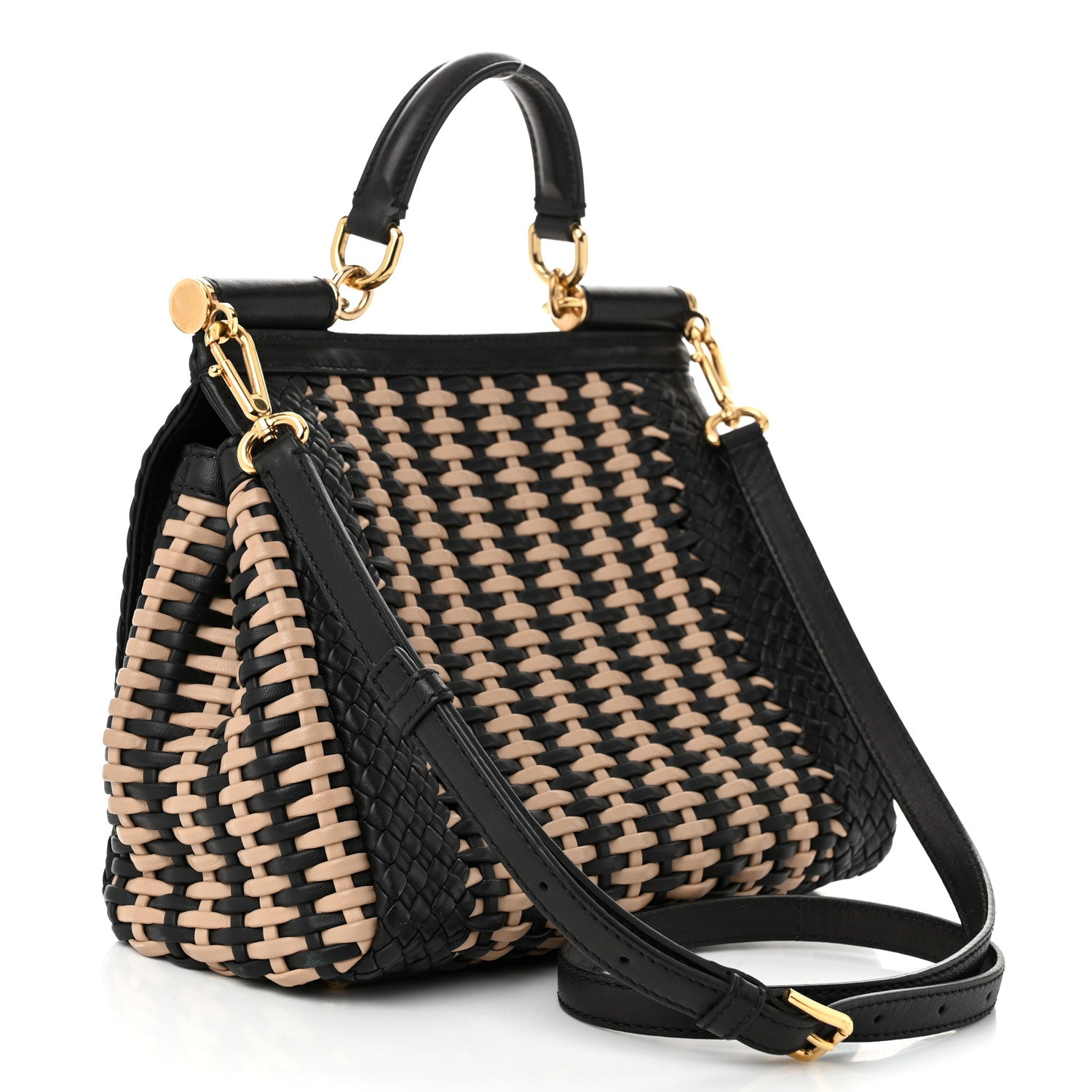 Dolce & Gabbana Calfskin Woven Medium Sicily Satchel Black Beige 3 of 9