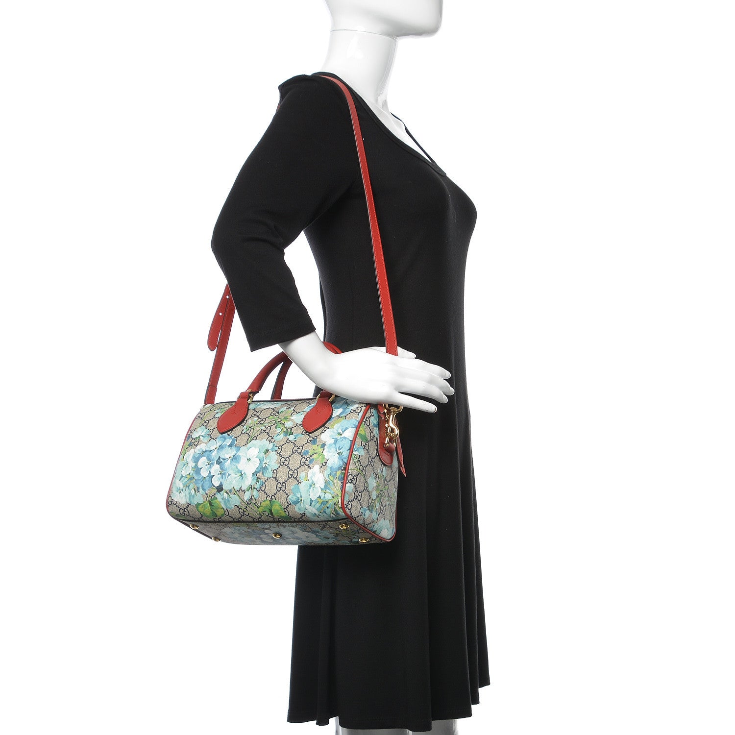 Gucci GG Supreme Monogram Blooms Small Boston Beige Blue Navy Hibiscus Red 3 of 10