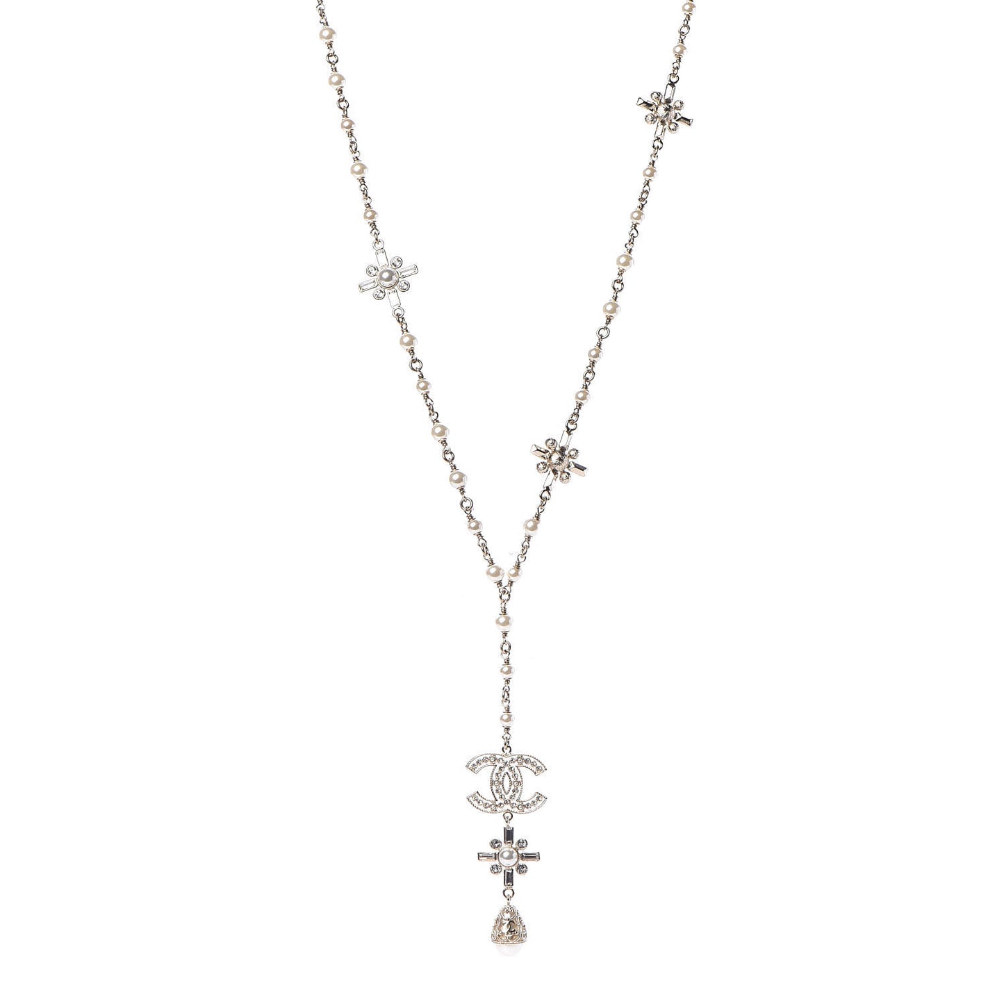 Crystal Baguette Pearl CC Cross Drop Necklace Gold