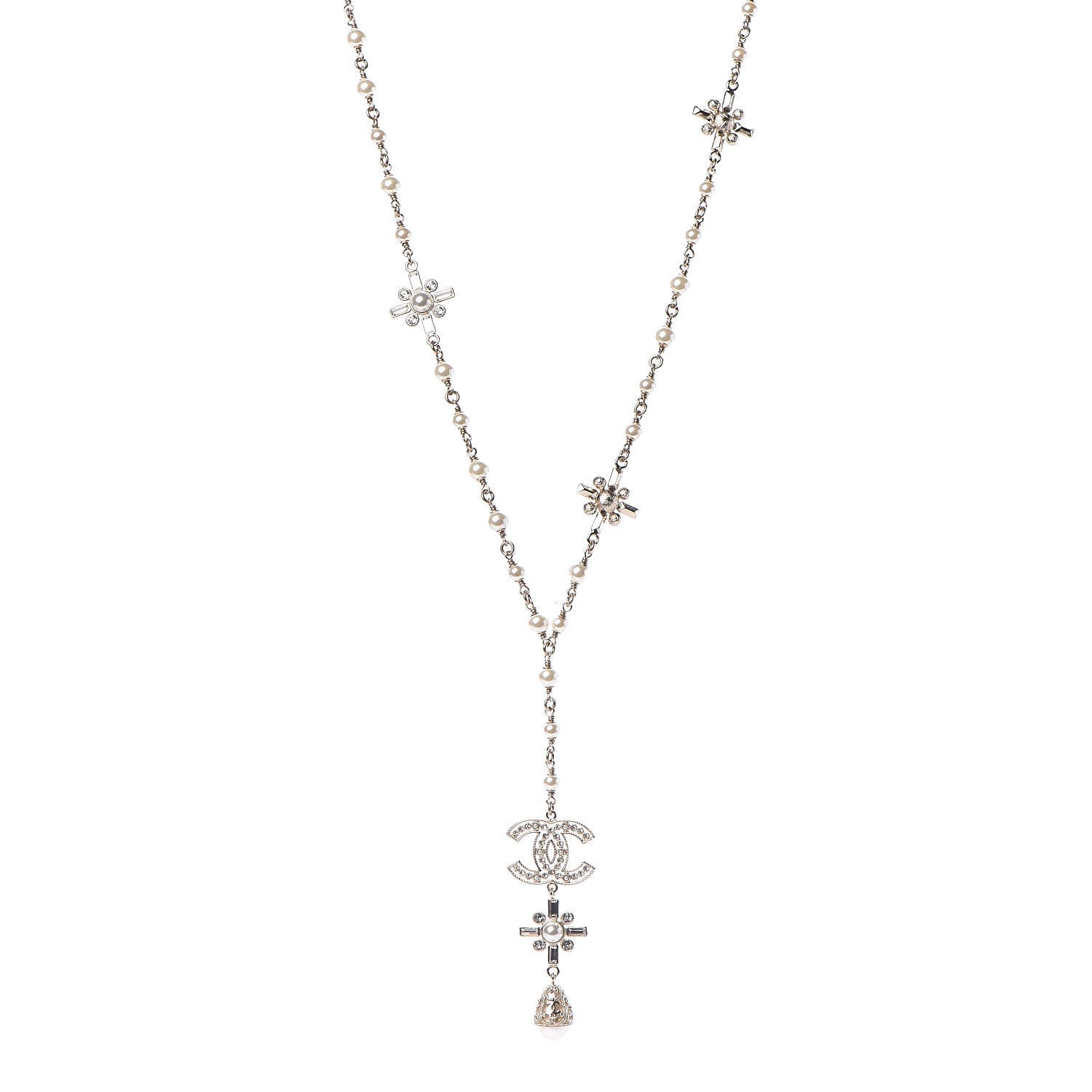 Chanel Crystal Baguette Pearl CC Cross Drop Necklace Gold 1 of 4