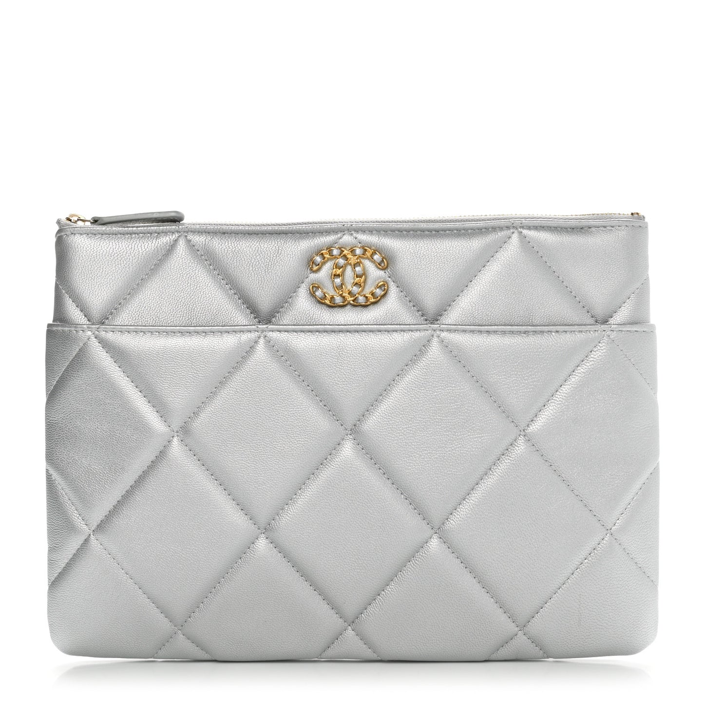 Metallic Lambskin Quilted Chanel 19 Pouch Silver