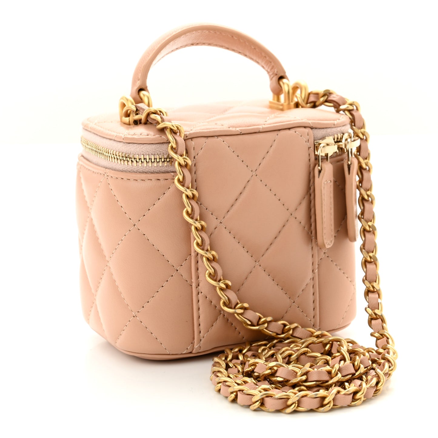 Lambskin Quilted Top Handle Mini Vanity Case With Chain Beige